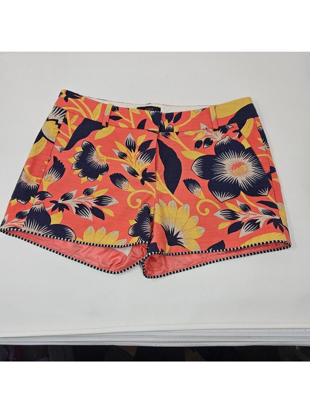 J Crew Shorts Womens 4 Orange Black Yellow Floral Flat Front Bermuda Beach